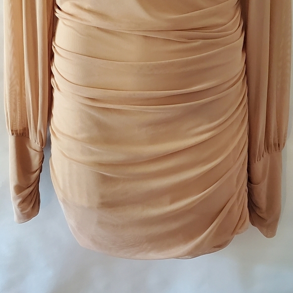 Venus Mesh Semi-Sheer Mini Dress Size 2X Bodycon Ruched Tan Stretch Pullover - Picture 4 of 15